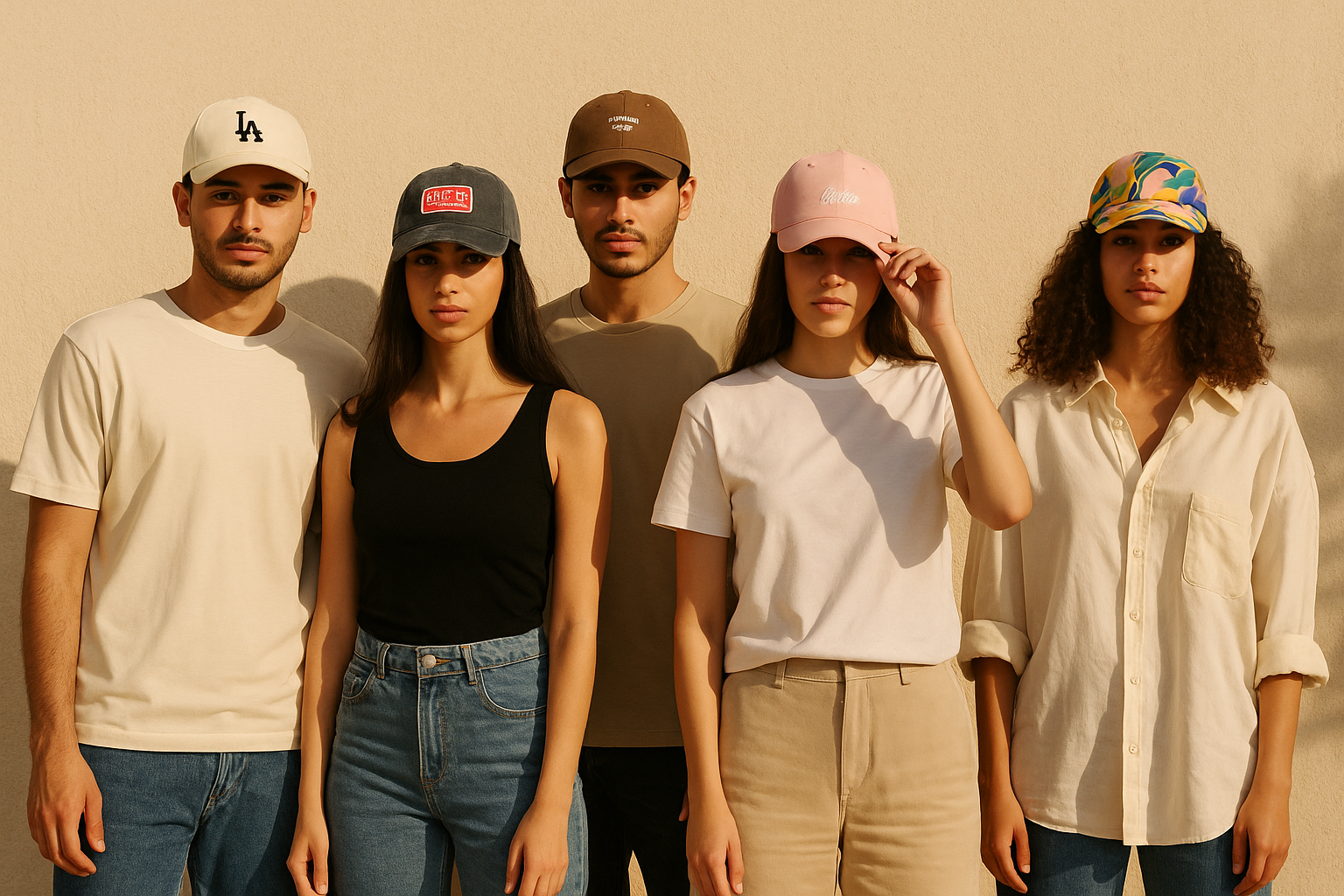 Five people wearing hats and casual clothing against a beige background